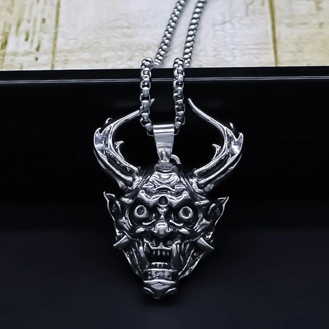 Gothic Punk Duivel Masker Hanger Ketting Voor Mannen Vrouwen Retro Legering Zilver Prajna Demoon Hoofd Streetwear Hip Hop Sieraden