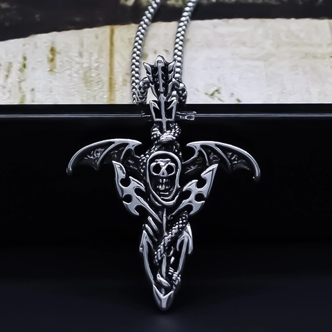 Gothic Punk Totenkopf Flügel Anhänger Halskette Für Herren Damen Retro Versilberte Legierung Hip Hop Rock Streetwear Schmuck