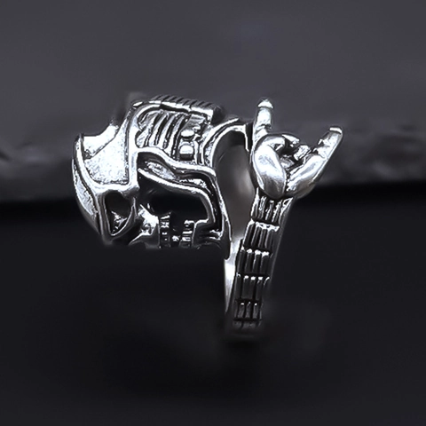 Anillo de Calavera de Guitarra Punk Retro para Hombre Aleación Ajustable Rock Hand Hip Hop Personalizado Plata Anillo de Dedo Joyería Accesorios