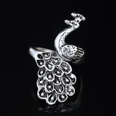 Anello Pavone in Lega Vintage per Donna Anello Aperto Regolabile con Piume Intagliate Gioielli di Moda Animale Etnico Boho Retrò