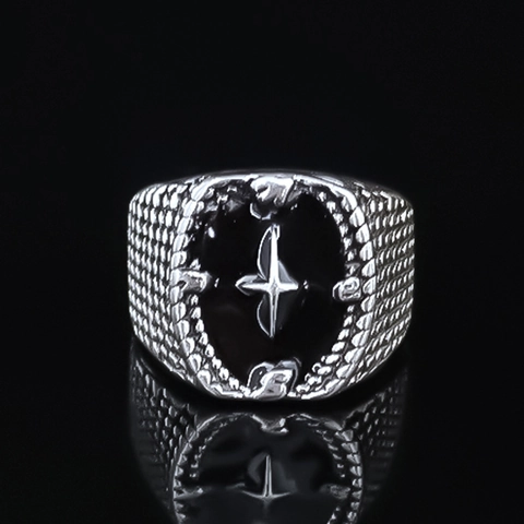 Anello Sigillo Stella Vintage Punk Gothic per Uomo Donna Lega Argento Smalto Aperto Regolabile Anello da Dito Streetwear Gioielli Regalo