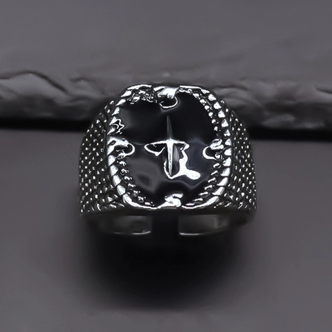 Anello Sigillo Stella Vintage Punk Gothic per Uomo Donna Lega Argento Smalto Aperto Regolabile Anello da Dito Streetwear Gioielli Regalo