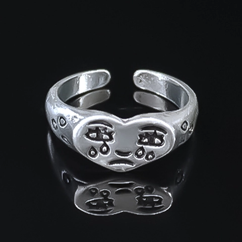 Vintage Silver Color Alloy Crying Face Heart Open Ring For Men Punk Hip Hop Adjustable Sad Expression Finger Ring Jewelry Gift