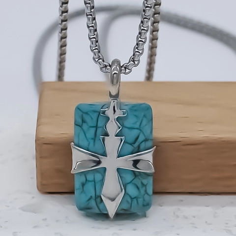 Vintage Alloy Square Blue Stone Cross Pendant Necklace For Unisex Minimalist Fashion Religious Jewelry Long Box Chain Necklace