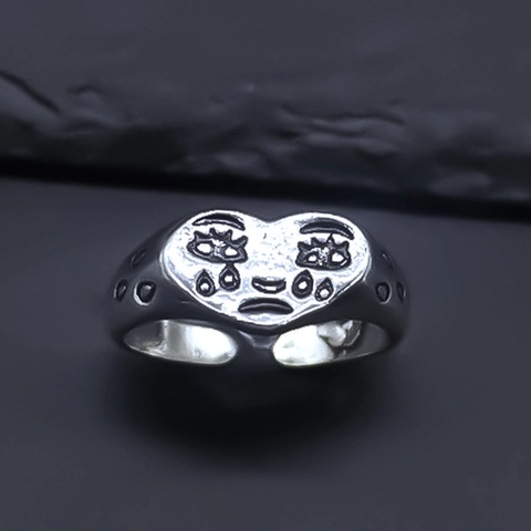 Vintage Silver Color Alloy Crying Face Heart Open Ring For Men Punk Hip Hop Adjustable Sad Expression Finger Ring Jewelry Gift