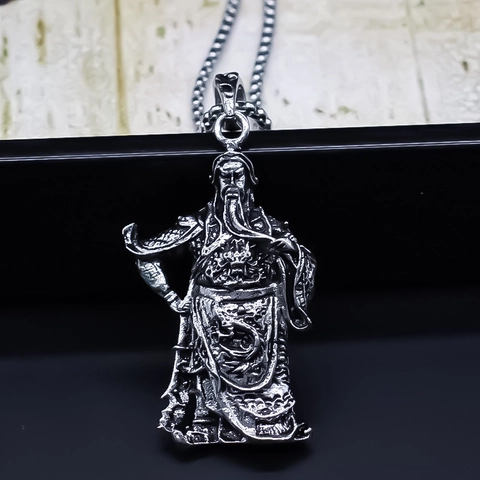 Chinesischer Stil Guan Gong Anhänger Halskette Herren Antik Silber Legierung Galvanisiert General Figur Pullover Kette Schmuck