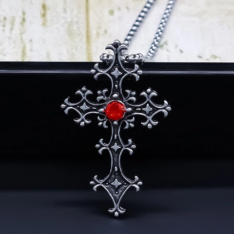 Collana Con Ciondolo a Croce Vintage Gotica Per Uomo Donna Catena Box in Acciaio Inossidabile Con Strass Rosso Gioielli In Lega