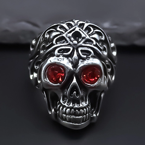 Retro Punk Gothic Skull Ring For Men Silver Alloy Red Rhinestone Eye Carved Pattern Adjustable Finger Ring Biker Jewelry Gift