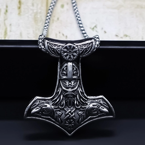 Vintage Viking Thor's Hammer Mjölnir Pendant Necklace Silver Plated Alloy Nordic Rune Jewelry For Men Women Punk Style