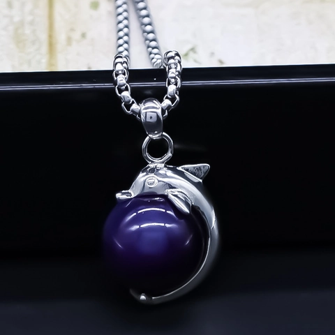 Collar con Colgante de Delfín de Estilo Coreano con Cuenta de Vidrio Morada Aleación Cadena de Clavícula Joyería Unisex