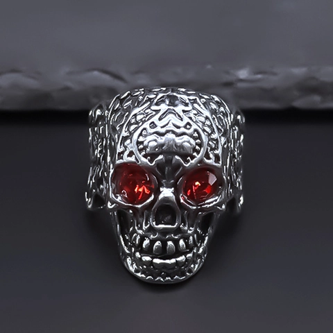 Anello Teschio Punk Gotico Con Occhi in Strass Rossi Anello da Dito in Lega Vintage Intagliato per Uomo Donna Gioielli Unisex