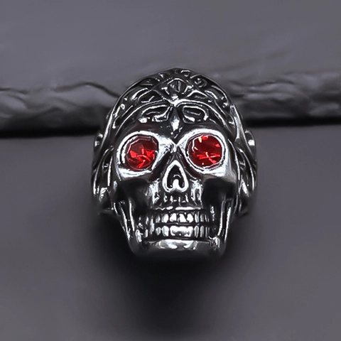 Retro Punk Gothic Skull Ring For Men Silver Alloy Red Rhinestone Eye Carved Pattern Adjustable Finger Ring Biker Jewelry Gift