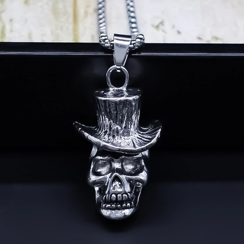 Gothic Totenkopf Gentleman Zylinder Anhänger Halskette Für Herren Antik Silber Legierung Edelstahl Kette Punk Rock Schmuck