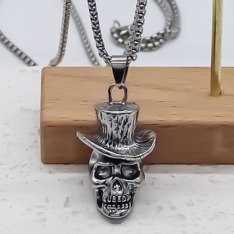 Gothic Totenkopf Gentleman Zylinder Anhänger Halskette Für Herren Antik Silber Legierung Edelstahl Kette Punk Rock Schmuck