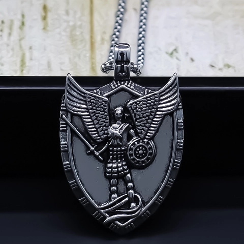 Vintage Legering Aartsengel Michael Schild Hanger Ketting Voor Heren Dames Retro Zilver Religieuze Kruis Ketting Sieraden