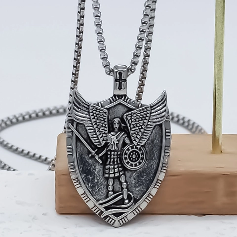 Vintage Legering Aartsengel Michael Schild Hanger Ketting Voor Heren Dames Retro Zilver Religieuze Kruis Ketting Sieraden
