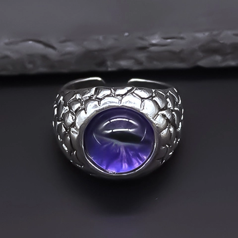 Vintage Gothic Alloy Purple Evil Eye Ring For Unisex Dragon Scale Pattern Antique Silver Rhinestone Adjustable Punk Finger Ring