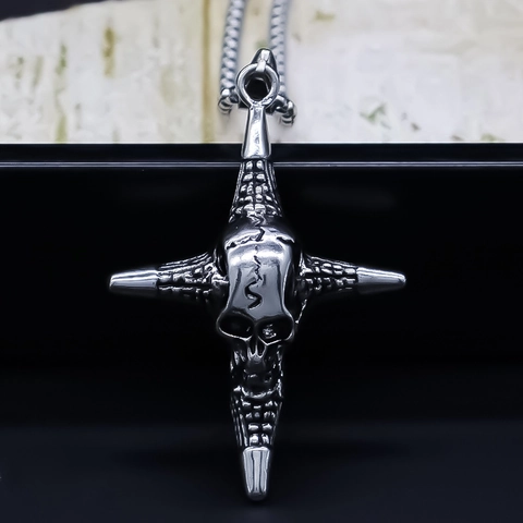Retro Gothic Skull Cross Pendant Necklace For Men Women Silver Alloy Box Chain Punk Biker Hip Hop Jewelry Clavicle Chain