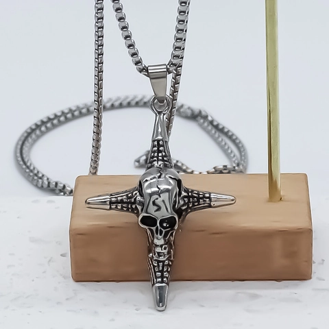 Retro Gothic Skull Cross Pendant Necklace For Men Women Silver Alloy Box Chain Punk Biker Hip Hop Jewelry Clavicle Chain