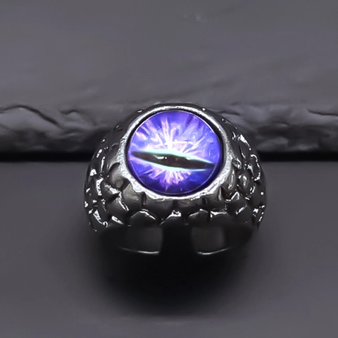 Vintage Gothic Alloy Purple Evil Eye Ring For Unisex Dragon Scale Pattern Antique Silver Rhinestone Adjustable Punk Finger Ring