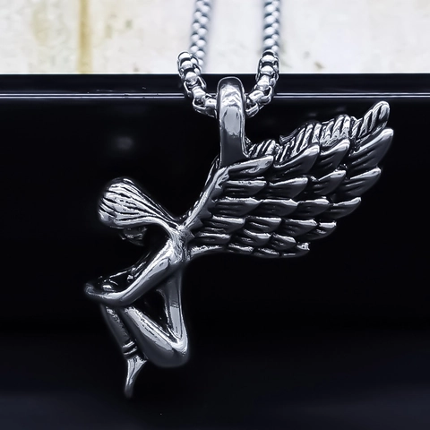 Vintage Angel Wing Pendant Necklace Alloy Retro Punk Gothic Angel Sitting Figure Silver Color Neck Jewelry For Men Women