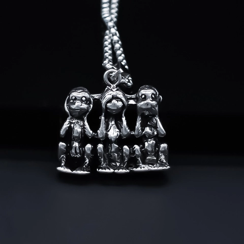 Vintage Punk Drei Weise Affen Anhänger Halskette Für Damen Herren Legierung Antik Silber Tier Thema Pullover Kette Schmuck