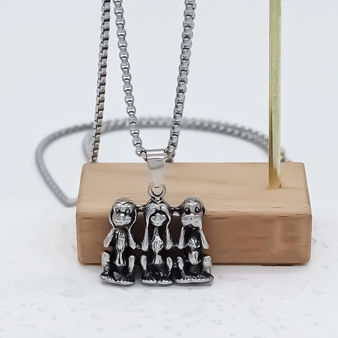 Vintage Punk Drei Weise Affen Anhänger Halskette Für Damen Herren Legierung Antik Silber Tier Thema Pullover Kette Schmuck
