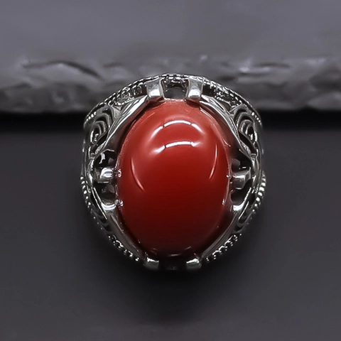 Bague Vintage en Alliage Ajouré Mauvais Œil pour Femmes Hommes Plaqué Argent Rouge Ovale Strass Ajustable Bijoux Ethniques Bague