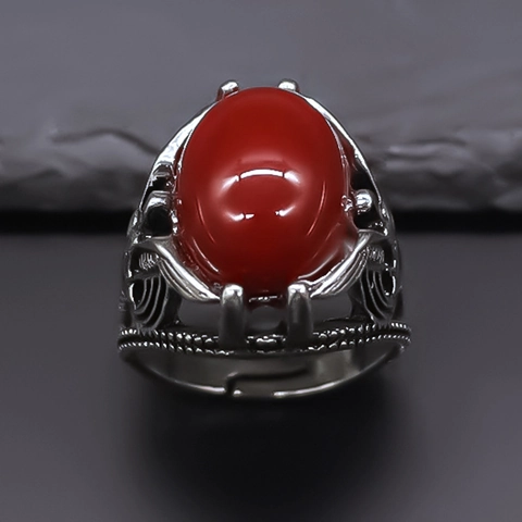 Bague Vintage en Alliage Ajouré Mauvais Œil pour Femmes Hommes Plaqué Argent Rouge Ovale Strass Ajustable Bijoux Ethniques Bague