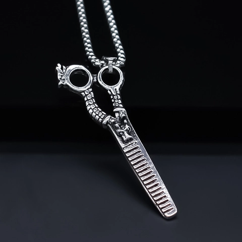 Vintage Silver Barber Scissors Comb Pendant Necklace Punk Dragon Pattern Alloy Charm With Square Box Chain For Men Jewelry