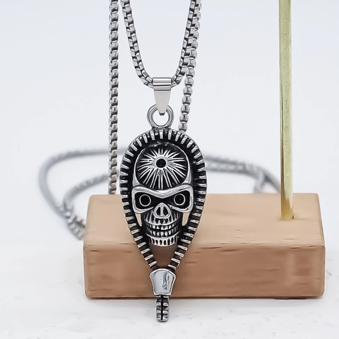 Collana con Pendente a Teschio in Lega Vintage Retro Punk Gothic con Design a Cerniera Catena Box Gioielli Hip Hop per Uomo Donna