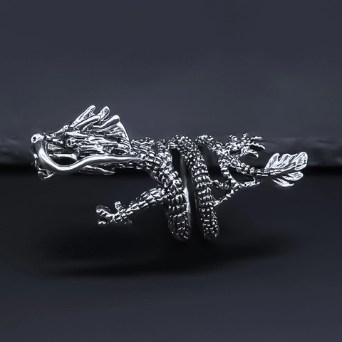 Vintage Men's Alloy Dragon Ring Punk Gothic Chinese Zodiac Animal Scale Wrap Ring Retro Silver Individual Jewelry For Men