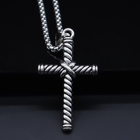 Collier Pendentif Croix en Alliage Vintage avec Texture de Corde Torsadée pour Hommes Femmes Chaîne Box Argent Bijoux