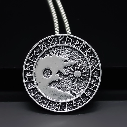 Viking Wolf Head Rune Pendant Necklace Retro Antique Silver Plated Alloy Nordic Mythology Jewelry Daily Streetwear Accessories For Men Women