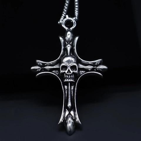 Collana con Pendente a Croce e Teschio Punk Gothic in Lega Argento Gioielli Hip Hop per Uomo Donna Collana a Catena Lunga Vintage Retro