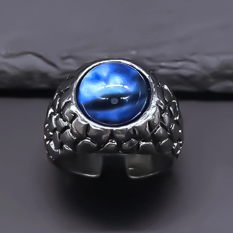 Retro Alloy Eagle Eye Ring For Men Women Dragon Scale Texture Blue Artificial Stone Adjustable Open Ring Punk Hip Hop Jewelry Gift