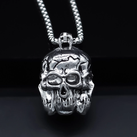 Collar de Colgante de Cráneo Punk Vintage Para Hombres Plata Antigua Aleación Joyería de Esqueleto Gótico Con Cadena de Caja Accesorio de Streetwear