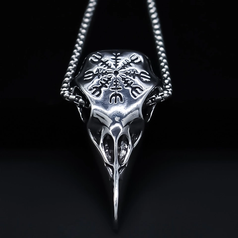 Vintage Nordic Viking Raven Bird Skull Pendant Necklace Alloy Vegvisir Compass Totem Gothic Street Jewelry For Men Women