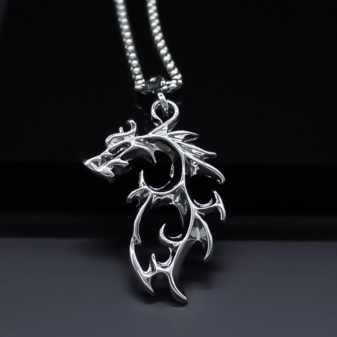 Vintage Chinese Style Dragon Pendant Necklace Alloy Hollow Totem Gothic Jewelry Unisex Retro Silver Color Box Chain Necklaces