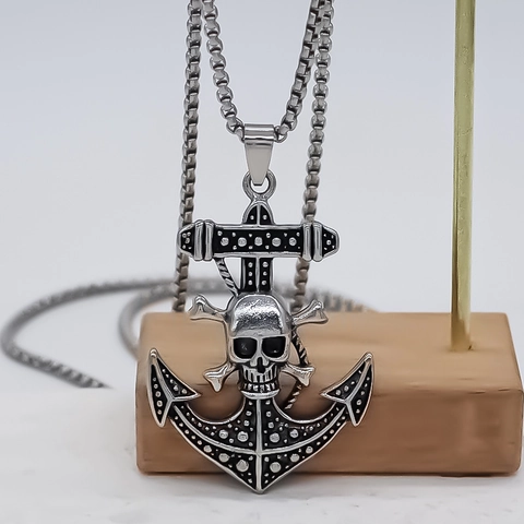 Vintage Alloy Anchor Skull Pendant Necklace For Men Women Punk Gothic Silver Color Box Chain Streetwear Fashion Jewelry