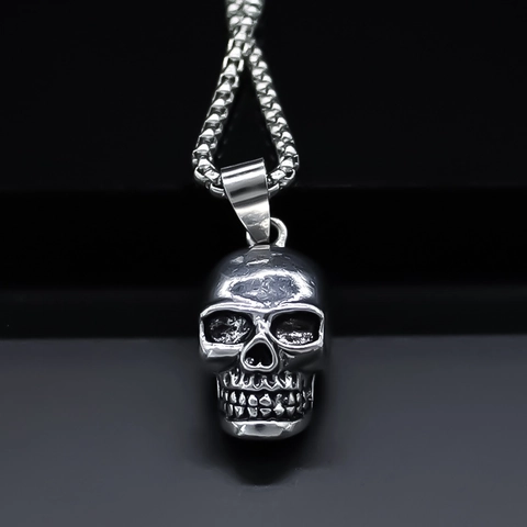 Punk Gothisch Legierung Totenkopf Anhänger Halskette Für Damen Herren Retro Silber Skelett Kopf Schmuck Lange Box Kette
