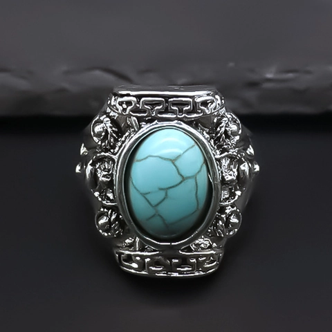 Vintage Alloy Turquoise Adjustable Open Ring Retro Ethnic Eagle Embossed Hip Hop Punk Style Finger Ring For Men Women Jewelry