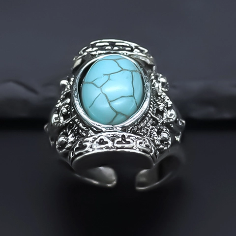 Vintage Alloy Turquoise Adjustable Open Ring Retro Ethnic Eagle Embossed Hip Hop Punk Style Finger Ring For Men Women Jewelry