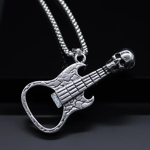 Collana Pendente Chitarra Teschio in Lega Gotica Retrò Argento Punk Rock Street Gioielli Con Apribottiglie per Uomo Donna