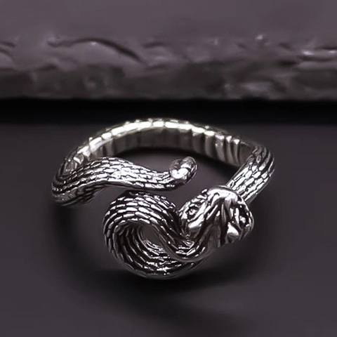 Vintage Alloy Snake Open Ring For Men Women Exaggerated Punk Silver Tone Adjustable Animal Wrapped Finger Ring Gothic Jewelry