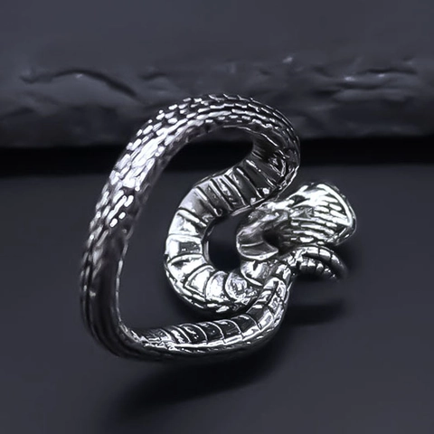 Vintage Alloy Snake Open Ring For Men Women Exaggerated Punk Silver Tone Adjustable Animal Wrapped Finger Ring Gothic Jewelry