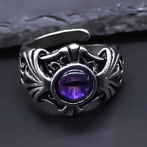 Gothic Punk Retro Evil Eye Ring For Men Women Antique Silver Alloy Purple Stone Adjustable Open Band Hip Hop Jewelry