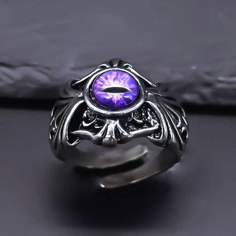 Gothic Punk Retro Evil Eye Ring For Men Women Antique Silver Alloy Purple Stone Adjustable Open Band Hip Hop Jewelry