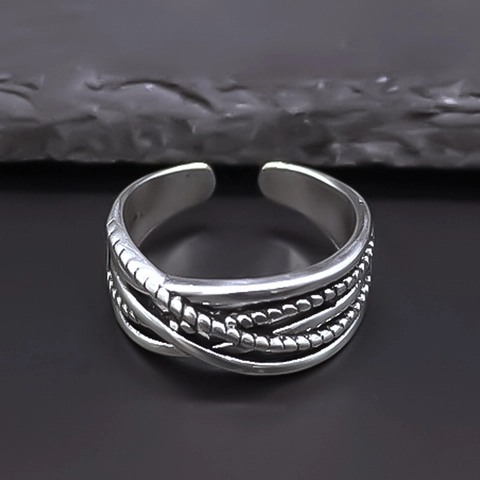 Retro Alloy Woven Pattern Adjustable Open Ring For Men Women Punk Hip Hop Style Silver Color Electroplated Finger Jewelry