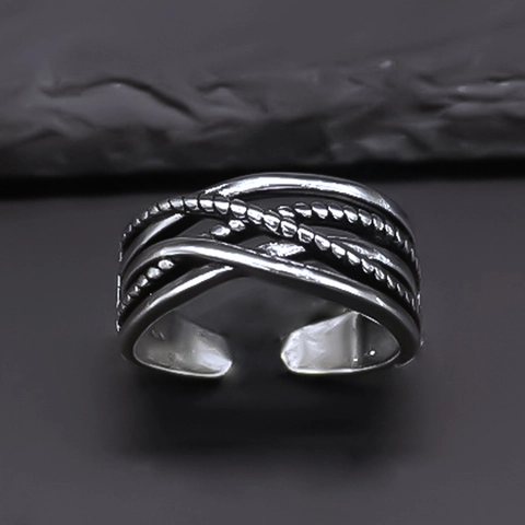 Retro Alloy Woven Pattern Adjustable Open Ring For Men Women Punk Hip Hop Style Silver Color Electroplated Finger Jewelry